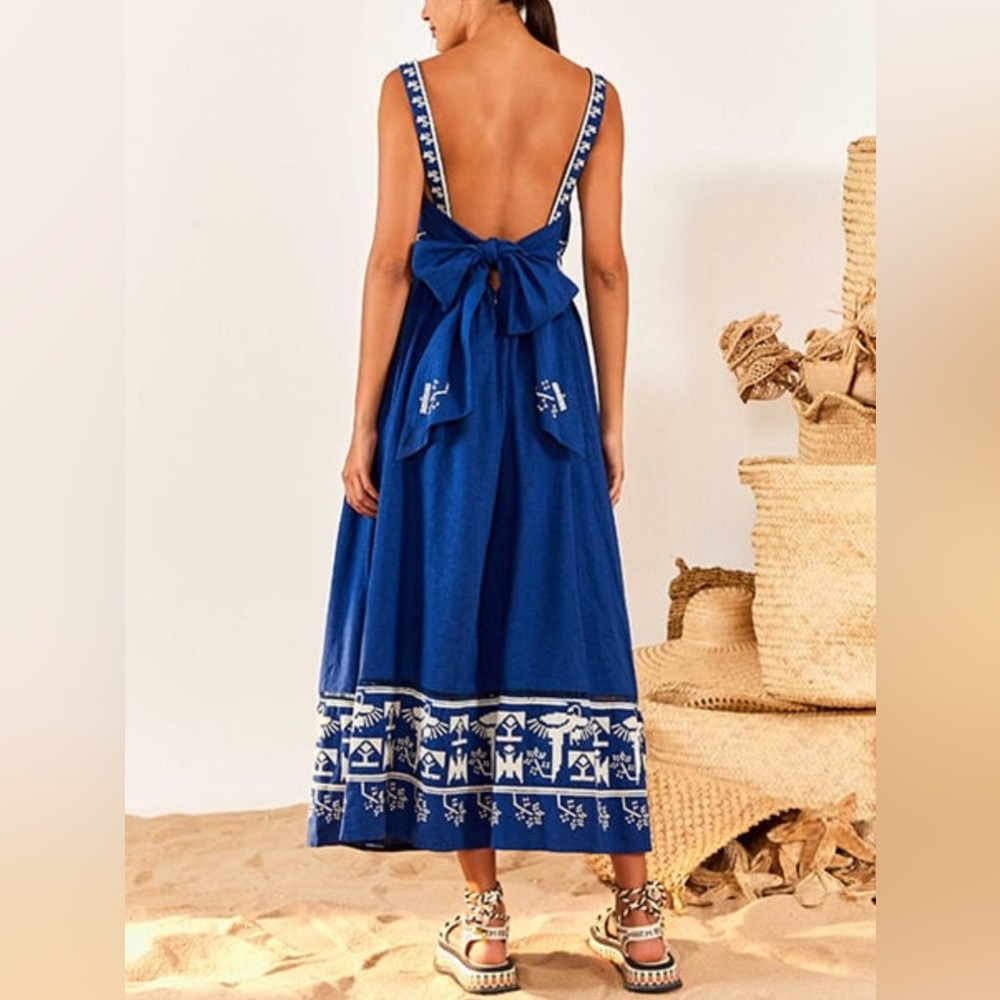 Farm Rio Macaw Embroidery Linen Blend Maxi Dress - Picture 2 of 5